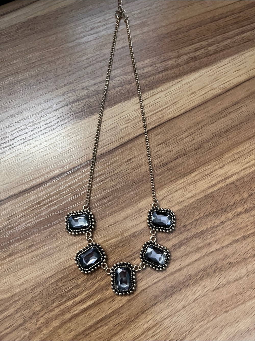 Elegant 18” Gold-Tone Gunmetal grey Crystal Statement Necklace. 3” extender.
